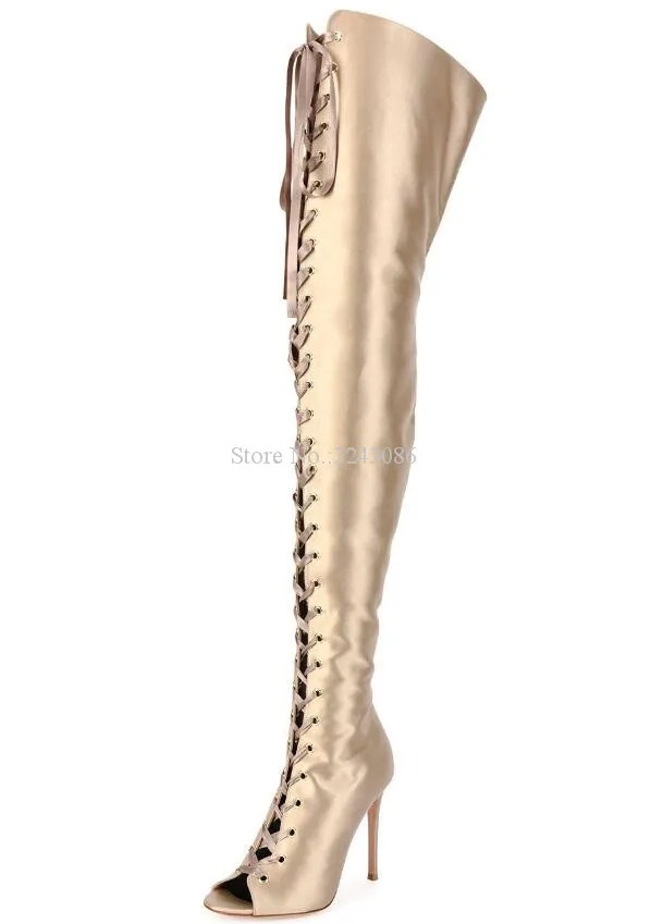 

New Women Gold Color Thigh High Boots Fashion Peep Toe Lace-up Stiletto Heel Over the Knee Long Boots Lady Large Size Party Boot