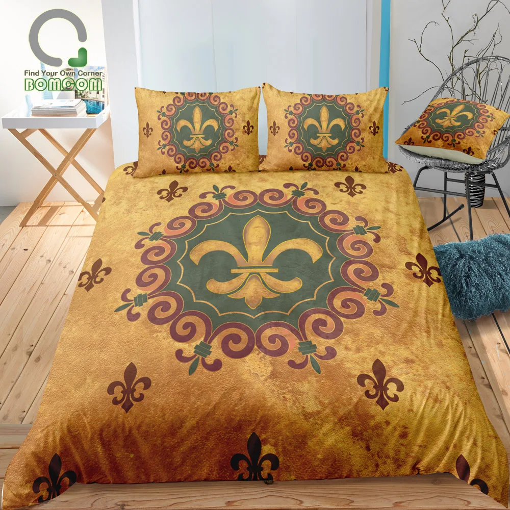 BOMCOM Digital Printing Bedding Set Iris Fleur-de-lis Pattern On Yellow Pottery Duvet Cover 100% Microfiber