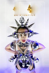 Nightclub women's GOGO space silver metal costume  Future technology armor dance team outer space LED costume