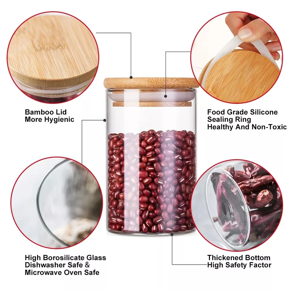 Transparent Glass Jars with Bamboo Cover, Kitchen Food Storage, Sealed Cans, Bottles, Spice Jars, Candy Box