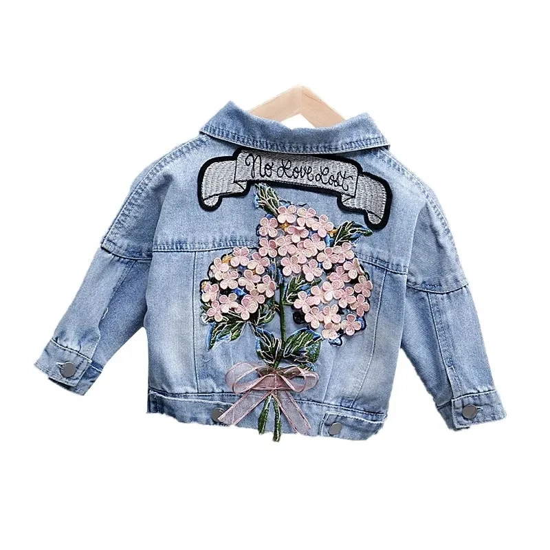 Kids Denim Jackets for Girls Baby New Flower Embroidery Coats Fashion Spring Autumn  Children Outwear Ripped Jeans Jackets 1-5Y