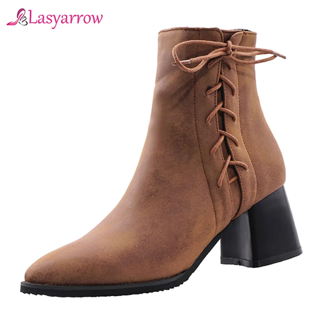 

Новинка 2020 года, зимние теплые меховые ботильоны Lasyarrow на высоком устойчивом каблуке, повседневные ботинки из искусственной кожи, женские короткие ботинки на молнии, J982