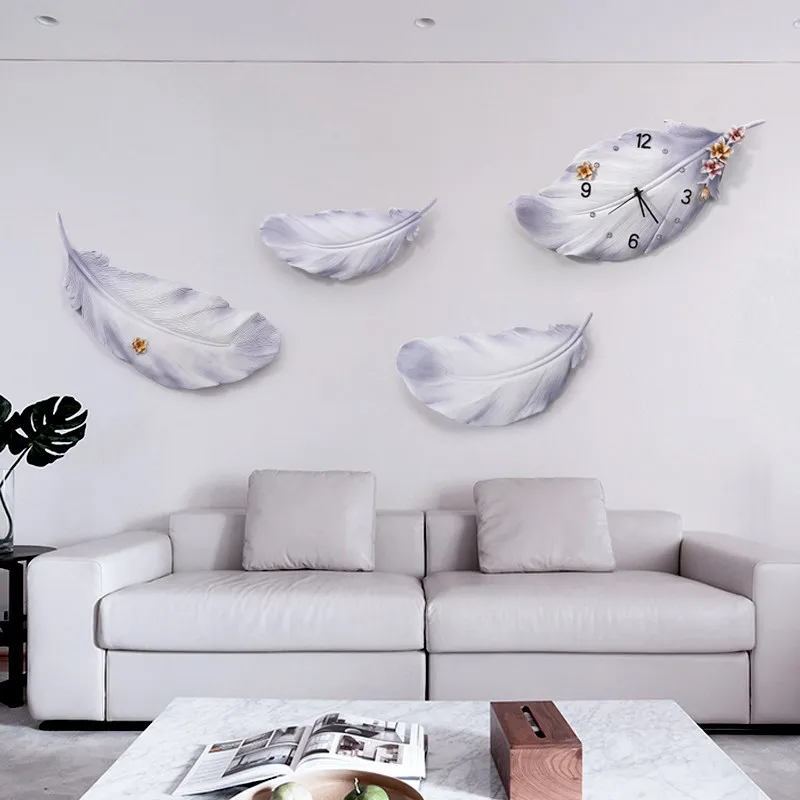 

European Creative Luxury Resin Feather Wall Clock Wall Hanging Home Livingroom Wall Sticker Crafts Hotel Wall Mural Decoration