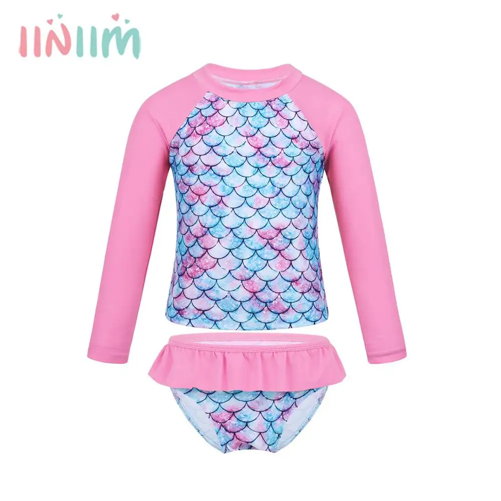 

iiniim Summer Girls Swimsuit Tankini Long Sleeves Fish Scales Printed Rashguard Swim Top Kids Swimsuit Swimwear Bathing Suit Set