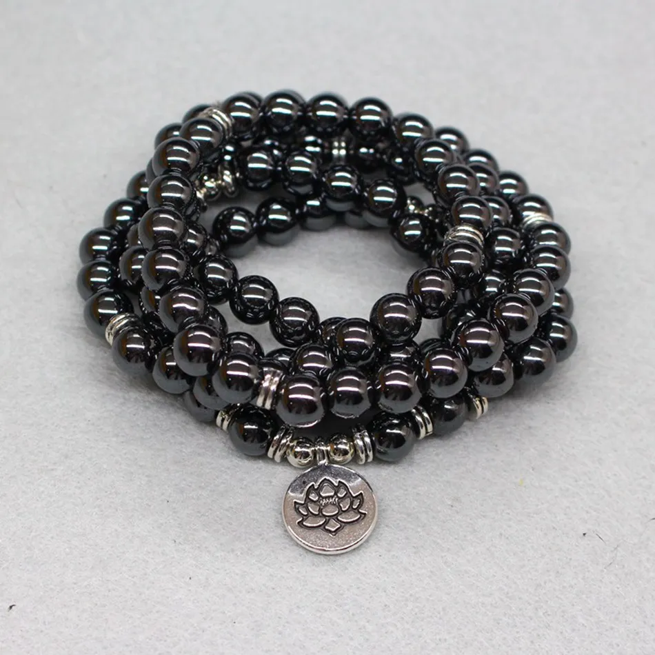 

6mm 108 hematite gemstone mala bracelet Lotus pendant Handcrafted Prayer Buddhism Stress Handmade Chakra Healing Reiki Men