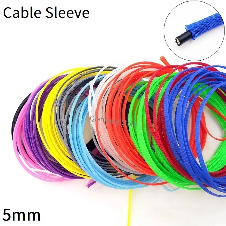 5mm Braided Cable Sleeve PET Expandable Insulated Nylon Colorful High Density Tight Sheath Protector Line Harness Wire Wrap