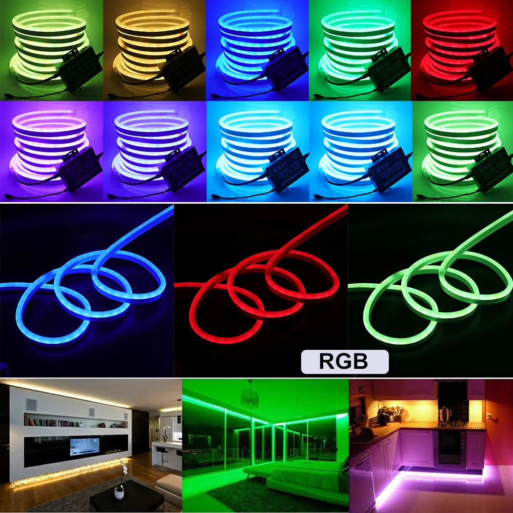 AC 220V 110V Neon RGB Strip wodoodporny Neon odkryty wystrój wnętrz ue usa AU UK zestaw ze zdalną elastyczną wstążką 5050 LED Strip