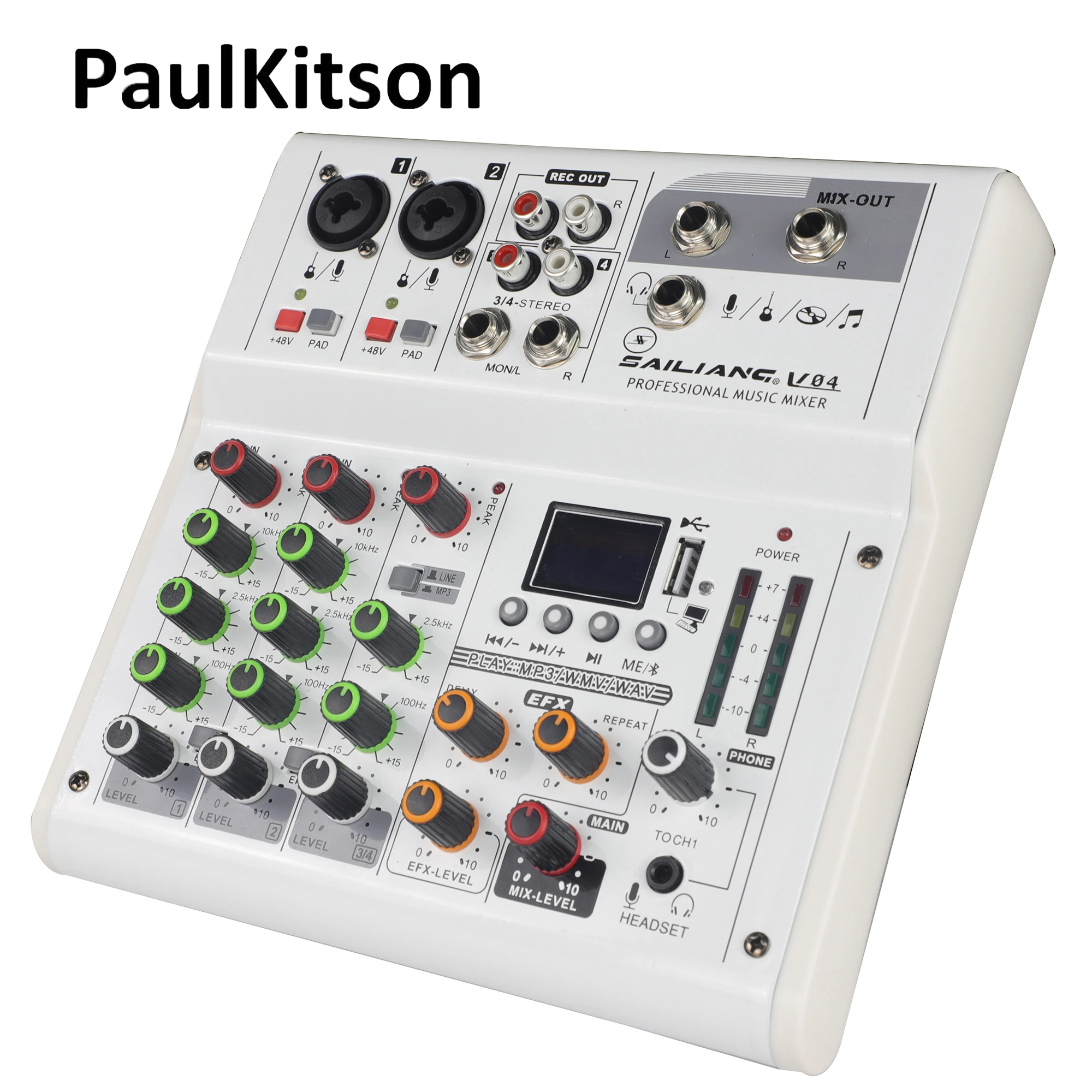 Nieuwe V04 Multifunctionele 4 Kanalen Usb Audio Mixer Met Bluetooth Record Computer Afspelen 48V Phantom Power Vertraging repaeat Effect