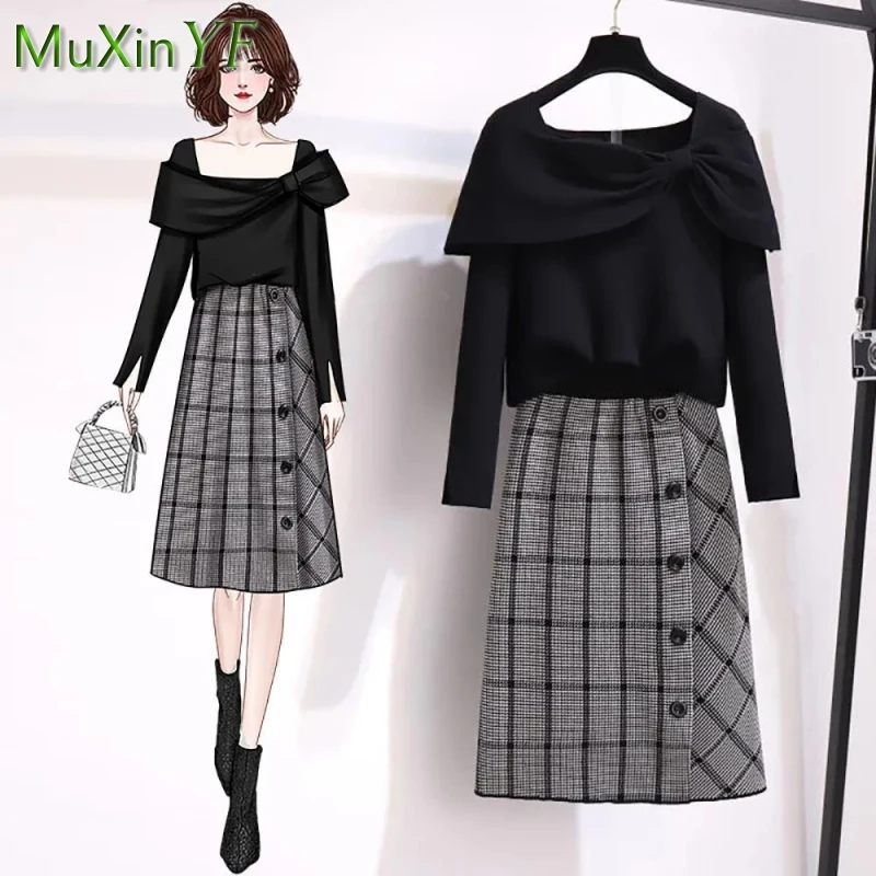 Women's Short Skirt Suit 2021 New Autumn Winter Vintage Knitted Sweaters Plaid Skirt Two-piece Korean Fashion Top Dress Set