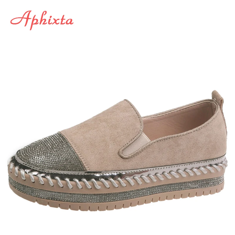 Aphixta Fashion Crystals Luxury Design Flats Shoes Women Hand Sewing Slip-on Flat Platform Footwear Female Loafers