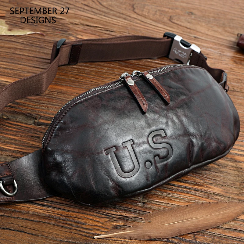 

Vintage Chest Bag Men Genuine Leather Luxury Handmade Male Waist Pack Retro Satchels Shoulder Cell Phone Bags 100% Cowskin