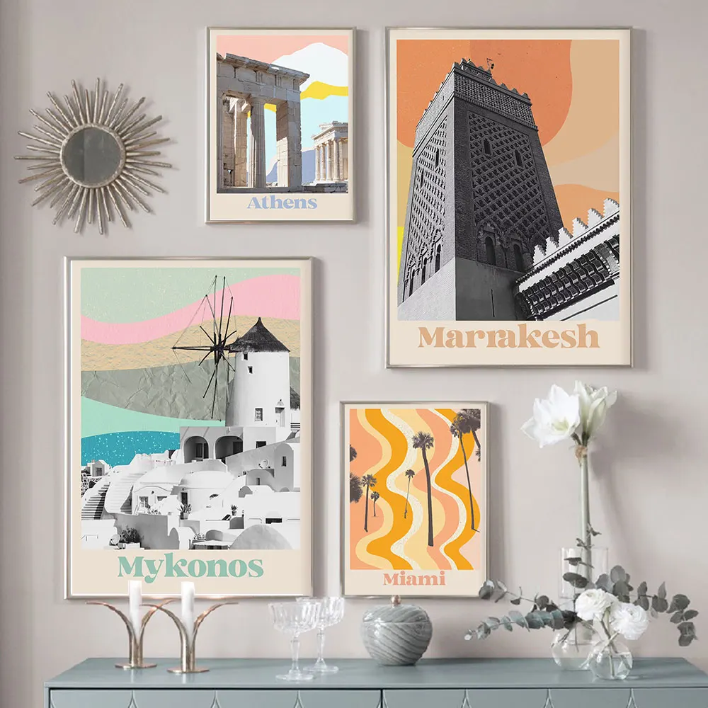 Boho Poster Nordic Reise Leinwand Abstrakte Sommer Marrakesh Athen Mykonos Miami Pastell Kunstdruck Wand Bild Wohnzimmer Wohnkultur