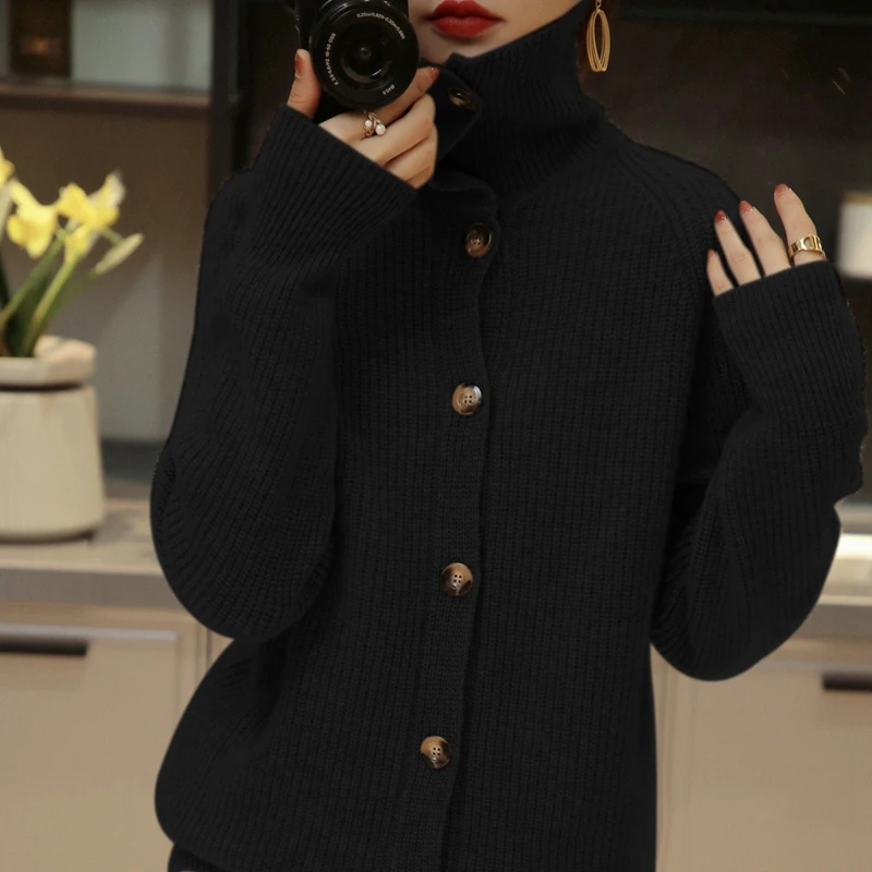 Turtleneck Women Sweater Women Khaki Long Sleeve CARDIGANS 2021 Autumn Winter Casual Pink Jumper Loose Sweaters Oversized