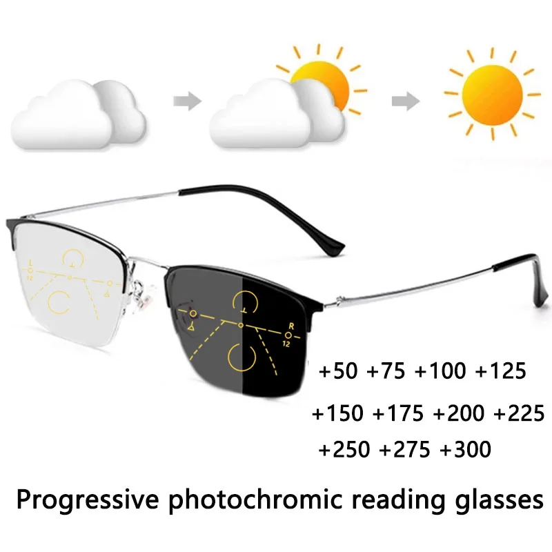 

Multifocal Progressive Photochromic Reading Glasses Unisex Outdoor Sports Glasses Automatic Discoloration Goggles Clear +75 125