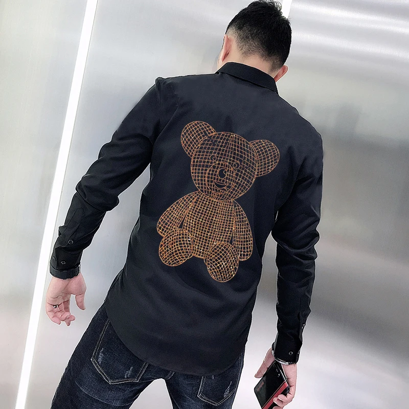 

Cartoon Rhinestone Hot Diamond Design Spring Men's T-Shirt Lapel Long-Sleeved Couple Classic Cute Cotton Tops