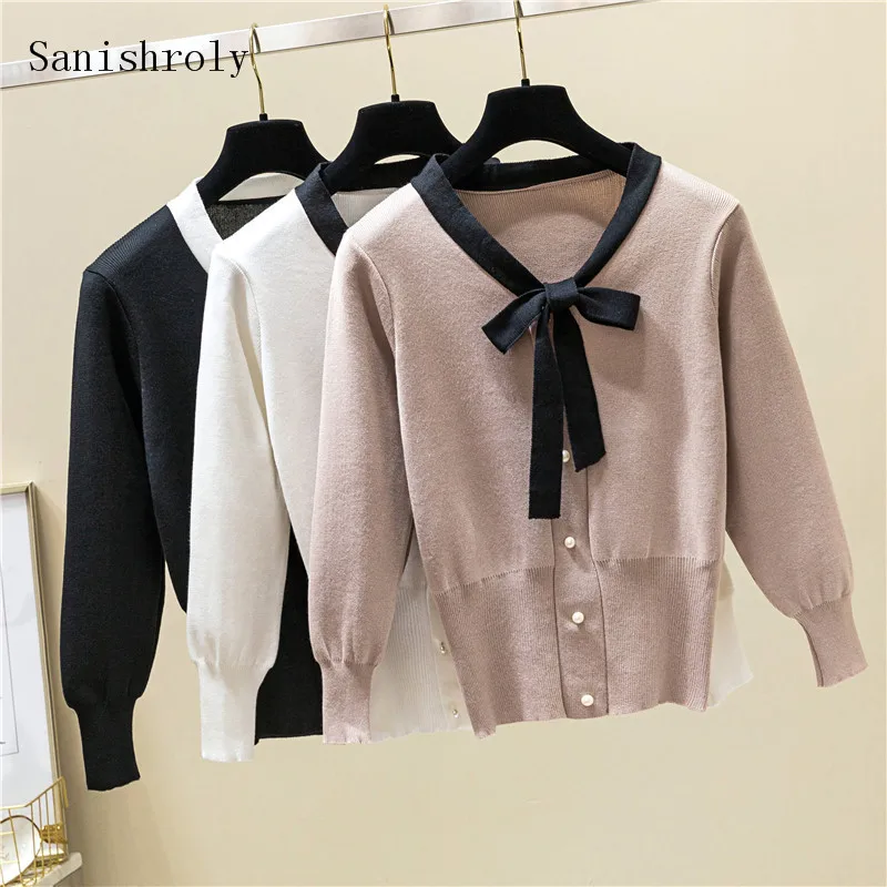 

Sanishroly Women V-Neck Sweaters Spring Autumn Thin Tie Bow Sweater Female Button Pullovers Long Sleeve Knitwear Short Tops S882