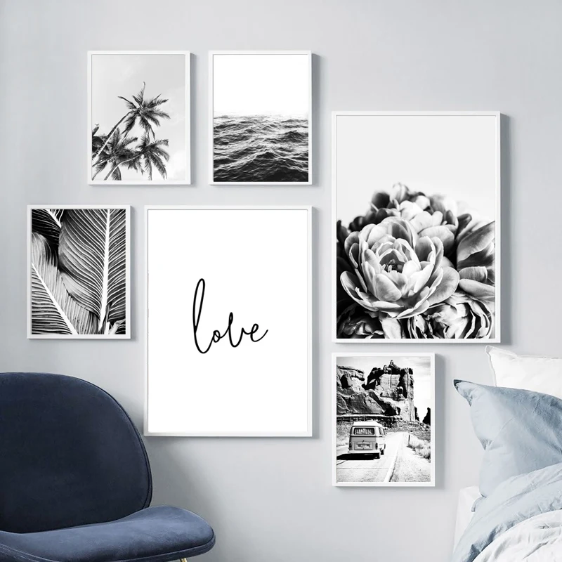 Nordic Travel Landcape Canvas Poster Tropical Palm Flower Bus Ocean Minimalist Painting Black White Living Room Decor Picture