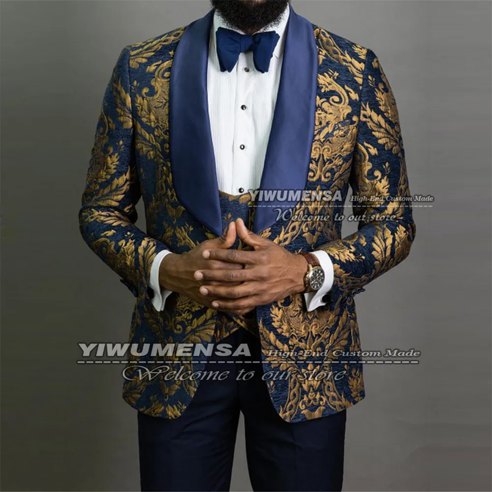 

Men Suits Blazer Gold Jacquard With Navy Jacket+Vest+Pants Slim Fit Wedding Tuxedo Trajes De Hombre Black Peaekd Lapel Coat 2022