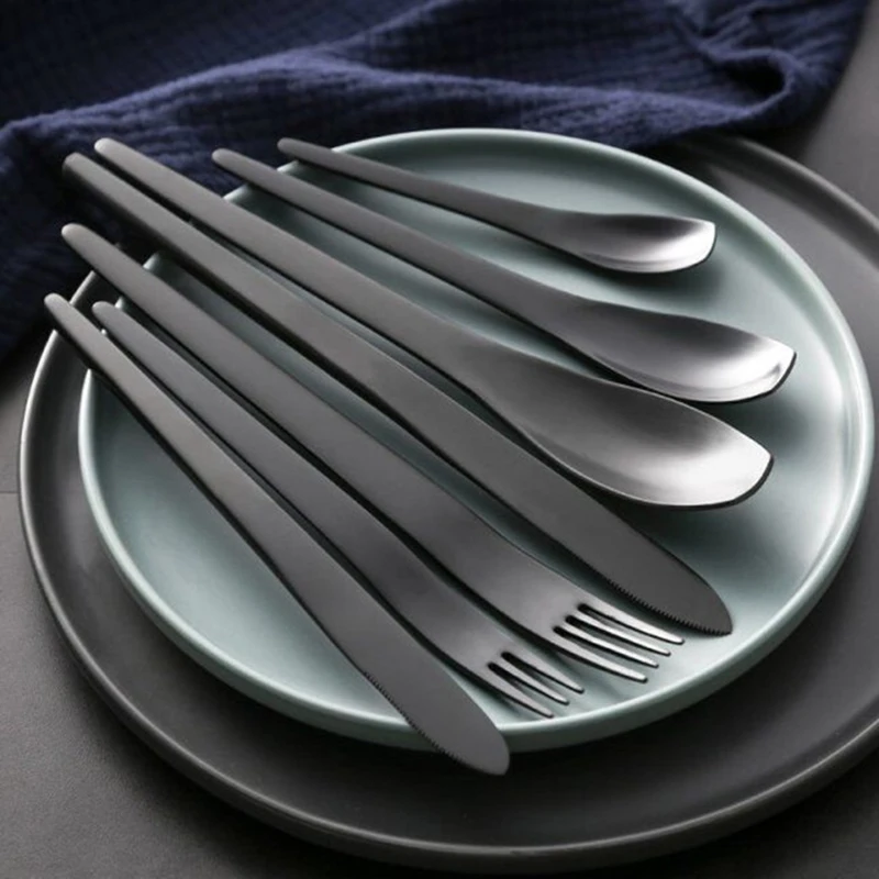 Ins Steak Suite Flatware Set European Matt Black Thickened Stainless Steel Knife Spoon And Fork Enjoyable Dessert Eating Set