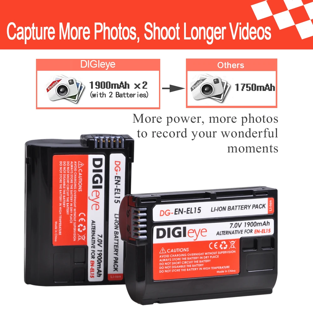 1900mAh EN-EL15 EN-EL15A ENEL15 Bateria para Nikon D600 D610 D750 D800 D810 D850 D7000 D7100 D7200 1 v1 Z6 Z7