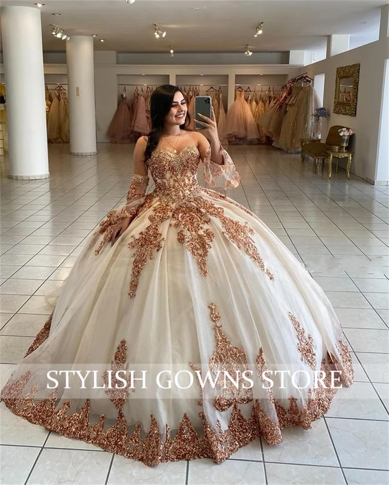 Mexiko Champagner Pailletten Quince anera Kleid Schatz Perle plus Größe Korsett Ballkleid Rüschen Ballkleid Luxus süß 16