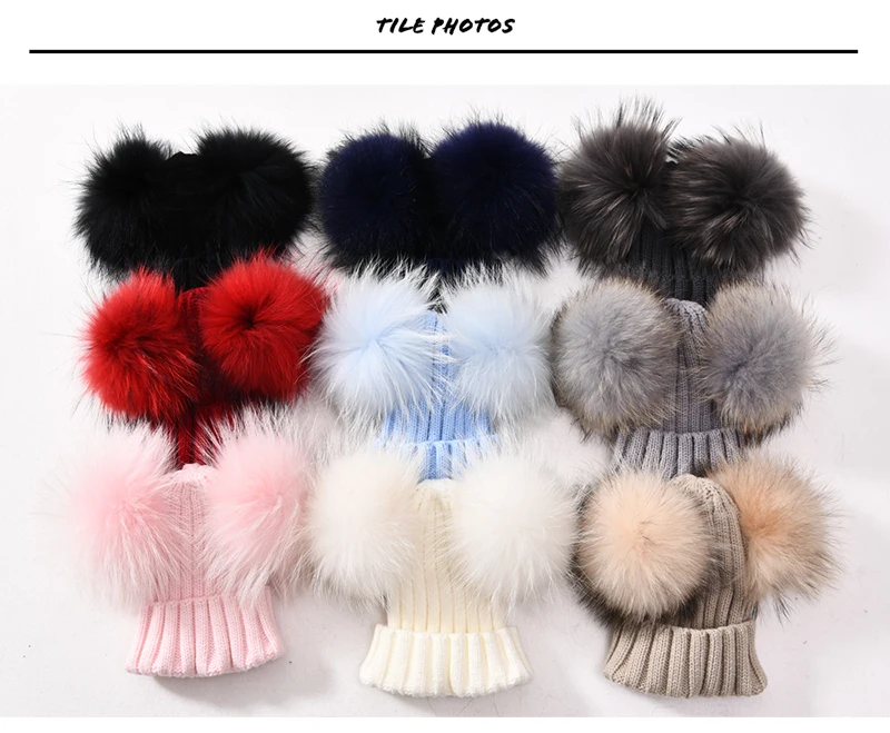 JX Watcher Winter Doppel Echtpelz Pom Pom Hut für Kinder Baby Strick mützen mit zwei Pelz Pompons Jungen Mädchen hochwertige Mütze Mütze – Detail 23