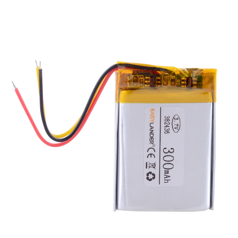 Bateria recarregável do polímero do Li-íon do lítio, 3 linhas, 382436, 3.7V, 300mAh, para GPS, MP3, telefone celular, orador