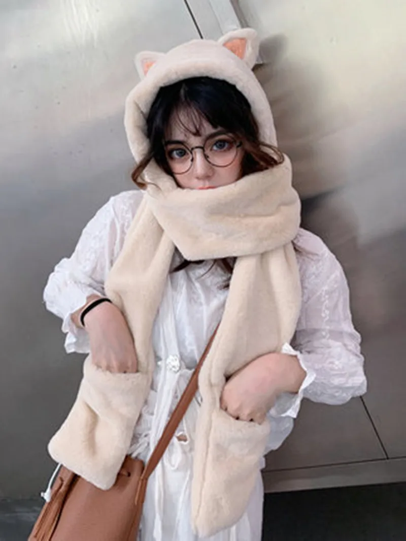 New Autumn/Winter 2023 Girls Hot Hat With Double Scarf and Gloves White Pink Skin Tone Grey Leisure Taking Pictures On a Date