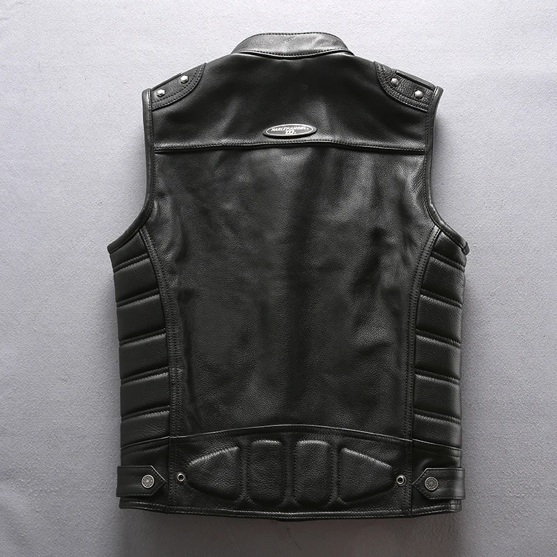 5 days arrival, Men\'s Professional Motorcycle Biker Sleeveless Jacket Genuine Leather Vest New Rivet Cowskin Black Vest