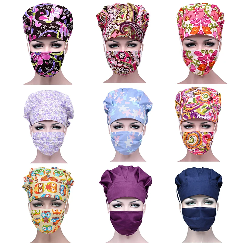 

Bouffant Scrub Caps Sets Cotton Adjustable Sweatband Hats Pattern Printed Reuseable Work Wear Anti-dust Washable Cap Accessories