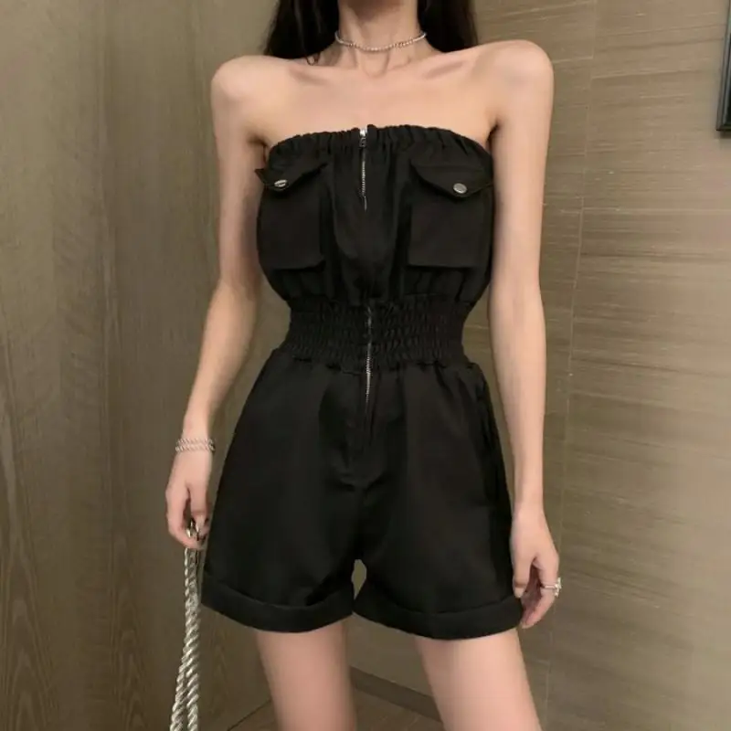 Summer and spring jumpsuit zippered down belt strapless retro loose retro strapless strapless casual shorts