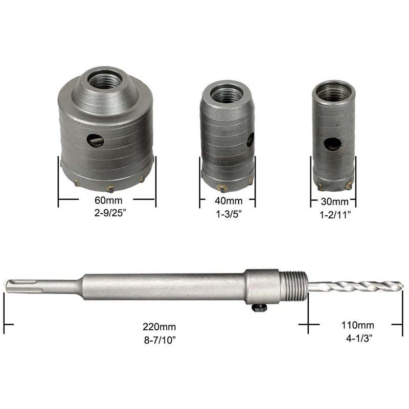 Concrete Hole Saw Kits SDS Plus Shank Wall Hole Cutter Cement Drill Bit Sets(30, 40, 60mm), with 220mm Connecting Rod