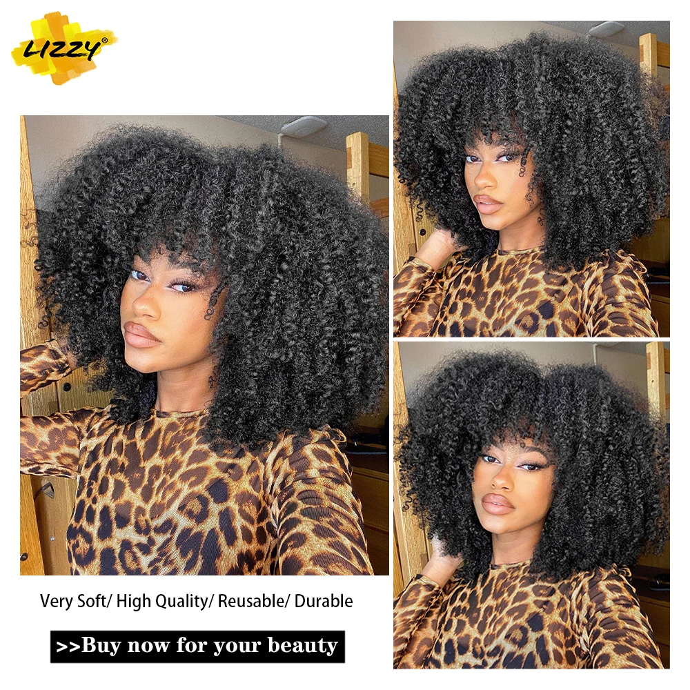 LIZZY Short Afro Kinky Curly Wigs With Bangs For Black Women African Synthetic Ombre Brown Cosplay Wig High Temperature