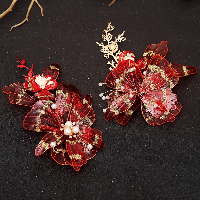 NiuShuya Handmade Chinese Vintage Bridal  Red Liquid Flower Headpiece Hair Accessories Women Girl Hair Decoration  Hair Jewelry