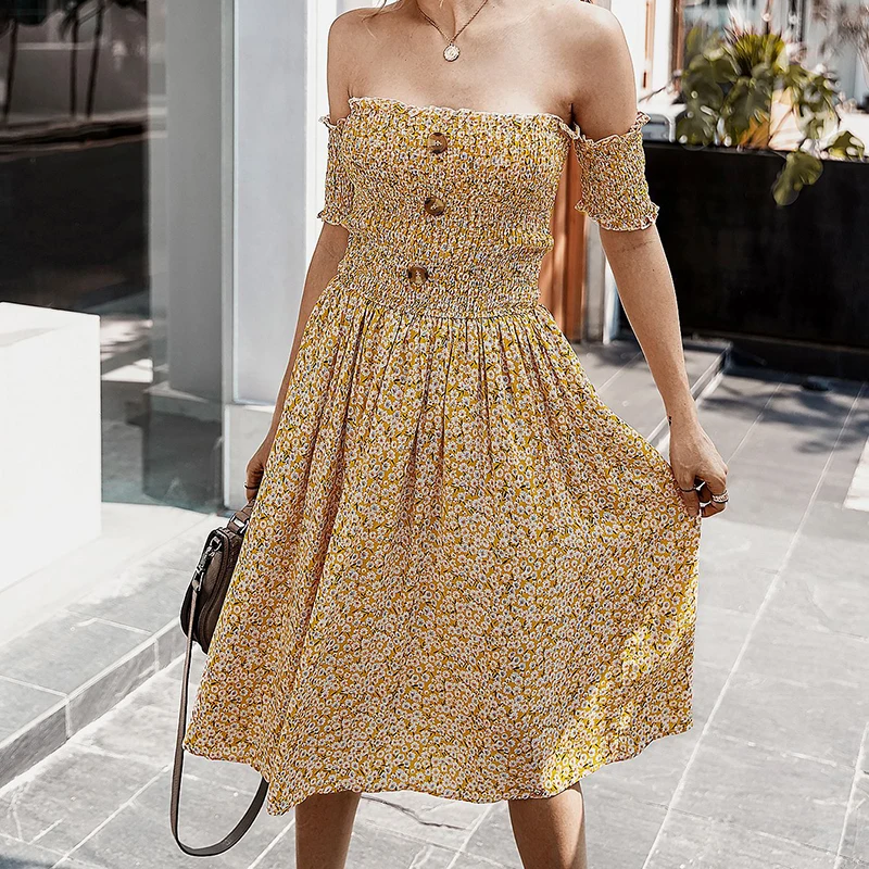 

2020 New Women Dress Summer Slash Neck Casual Strapless High Waist Robe Holiday Floral Vintage Boho Ladies' Dress