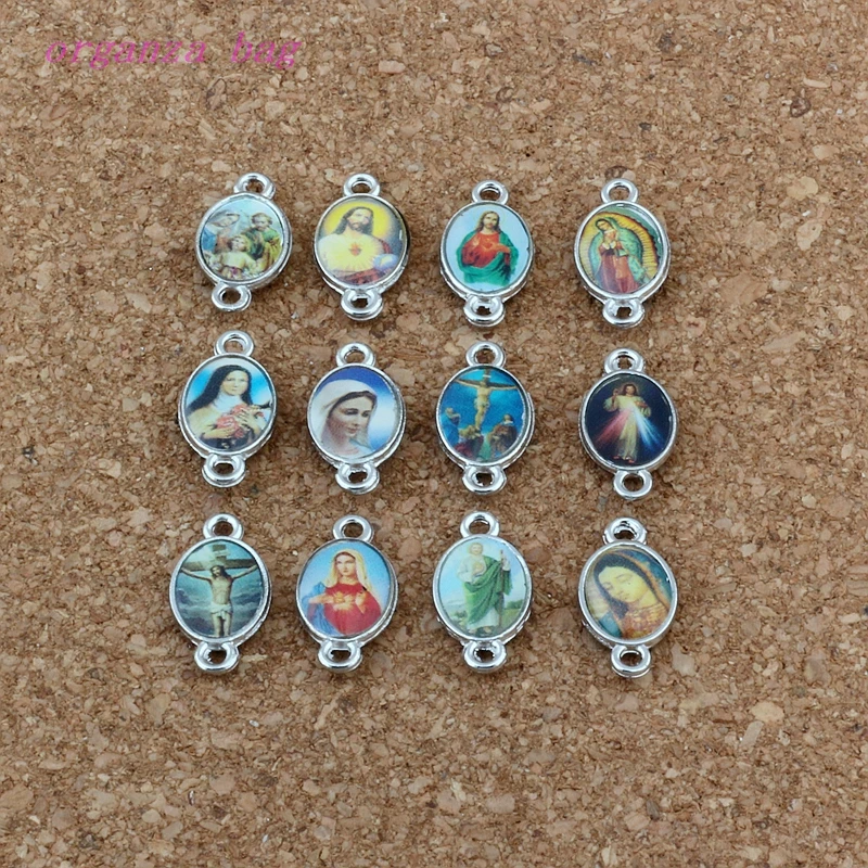 200Pcs Double-Sided Catholic Religious Church Medals Saints Alloy Connecor DIY Religion Jewelry 7.8x14.8mm F-65