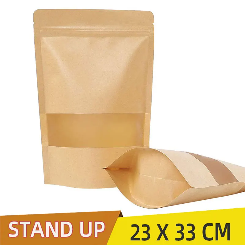 23x35CM Big Stand Up Pouch Bags With Window Kraft Paper Ziplock Seal  Resealable Large Food Tea Storage Free Shipping