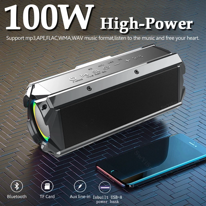 caixa de som 100W high power bluetooth speaker outdoor subwoofer portable wireless waterproof speaker TWS stereo with microphone