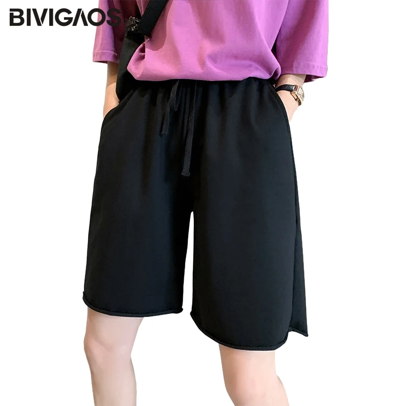 BIVIGAOS Summer New Women Cotton Gray Shorts Wide Leg Shorts High Waist 2020 Drawstring Large Casual Loose Shorts Sport Tide