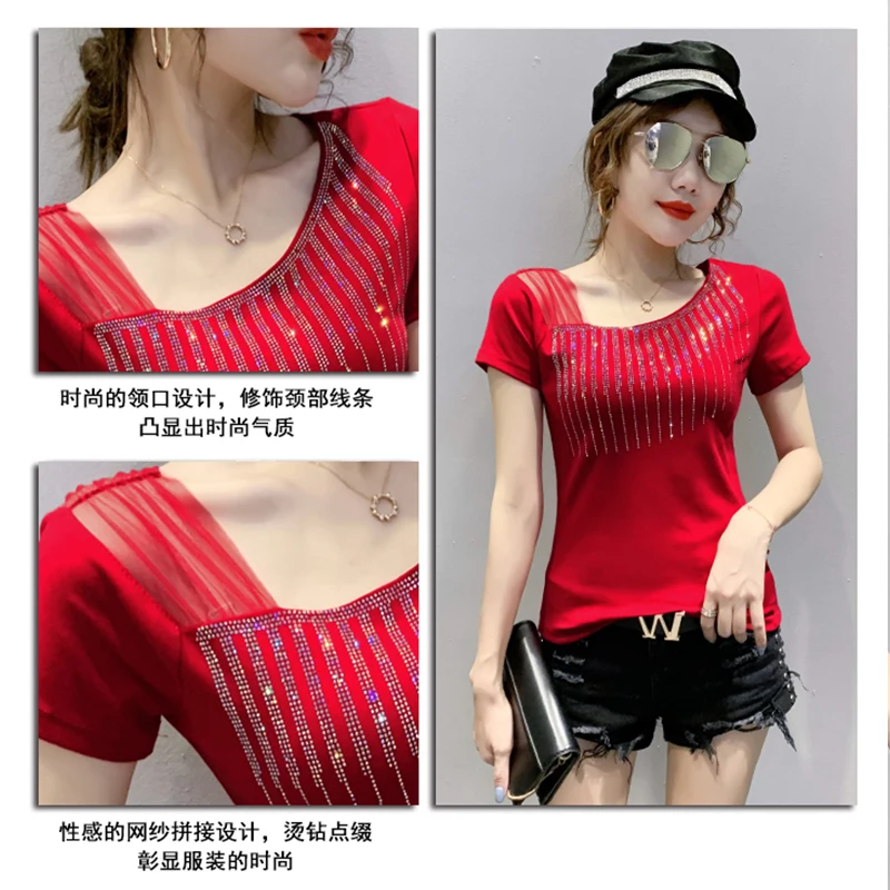 Chic Rhinestones Diamante Summer T Shirt Women Casual Tee Shirts O-neck Short Sleeve Tshirt Fashion Ladies Clothings T07806B