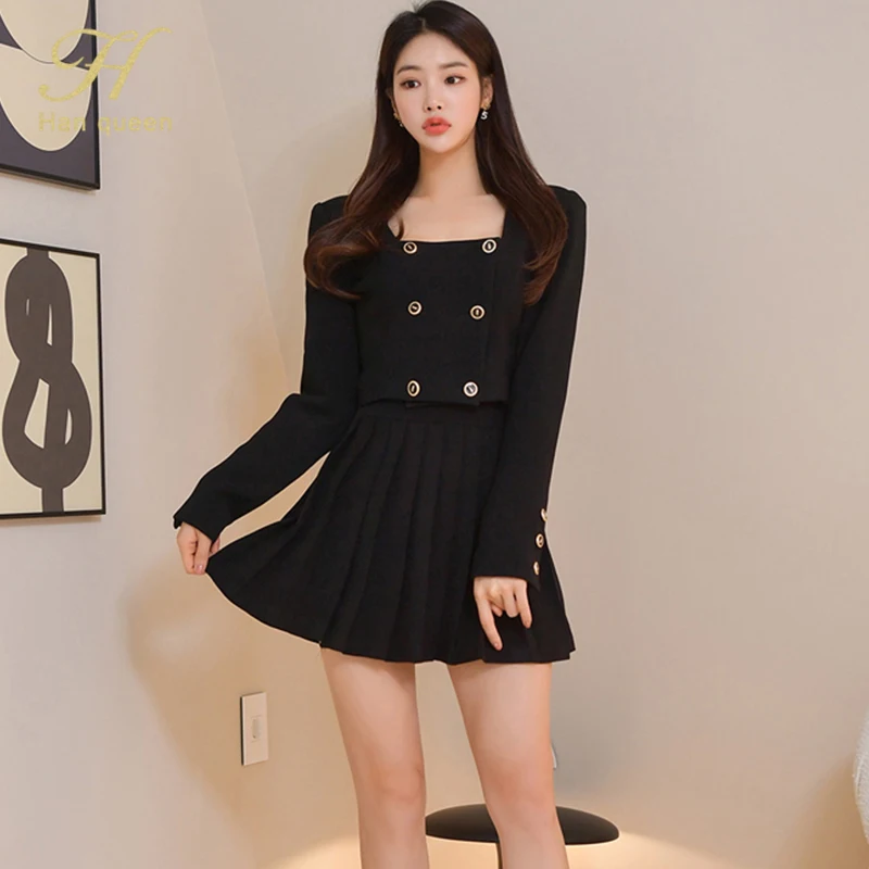 H Han Queen Spring New Two-piece Square Collar Double-breasted Coat +Fashion Mini Pleated Skirt Casual Women's Suit Skirt