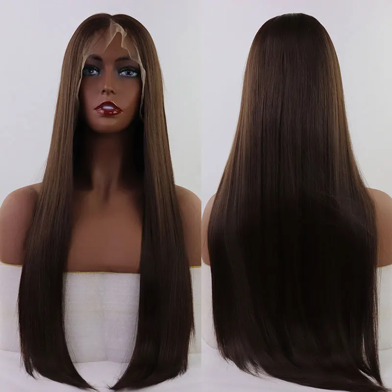 Bombshell Dark Brown Color #6 Straight Synthetic Lace Front Wig Heat Resistant Fiber Hair Middle Parting Women Daily Use Cosplay