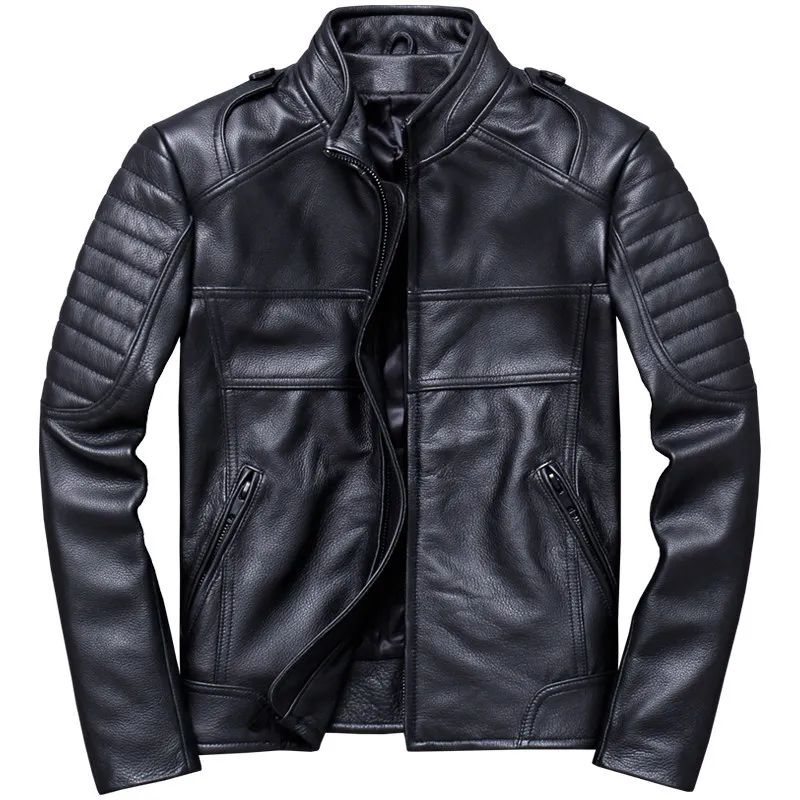 

2020 Black Men Stand Collar Motorcycle Leather Jacket Plus Size XXXL Genuine Cowhide Slim Fit Short Biker's Coat