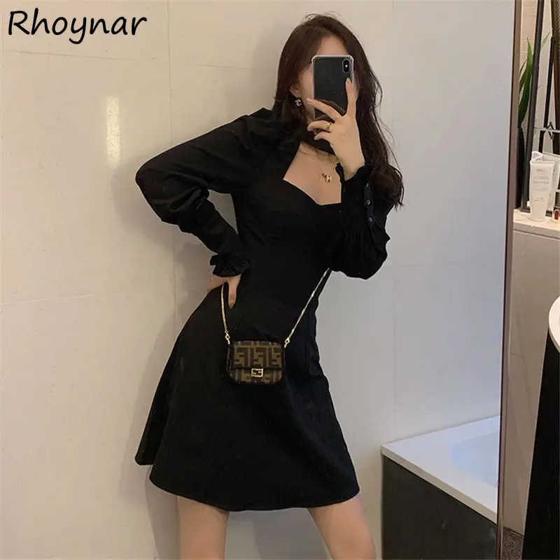 

Long Sleeve Dress Women Solid Dark Mini Autumn Vestidos Temperament Elegant Girls All-match Streetwear Y2k Fashion Casual Ins