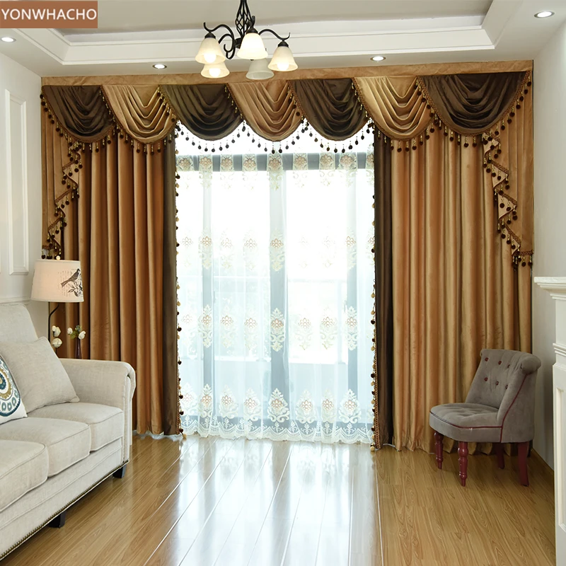 Custom curtain high-end luxury thick Italian velvet bedroom solid light tan cloth blackout curtain tulle valance drapes B623