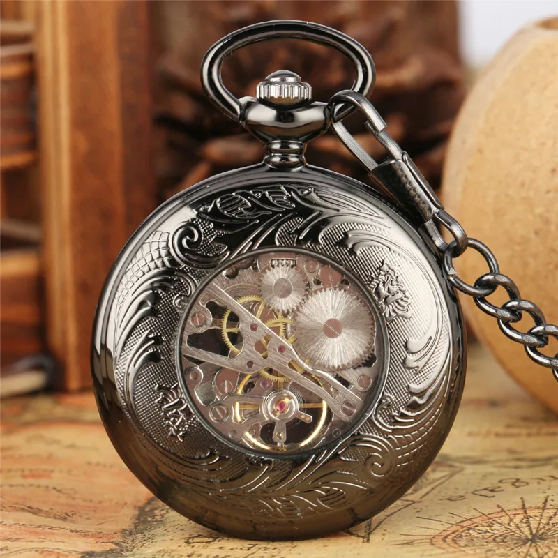 Steampunk Skeleton Handwinding Mechanical Pocket Watch for Men Women Blue Crystal Deco Half Hunter Fob Clock with Pendant Chain