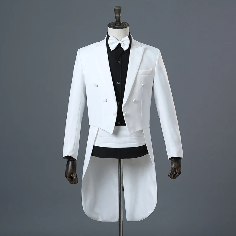 Tuxedo Dress Mens Classic Black White Shiny Lapel Tail Coat Tuxedo Wedding Groom Stage Singer Blazer Pants Suits Set Dress Coat