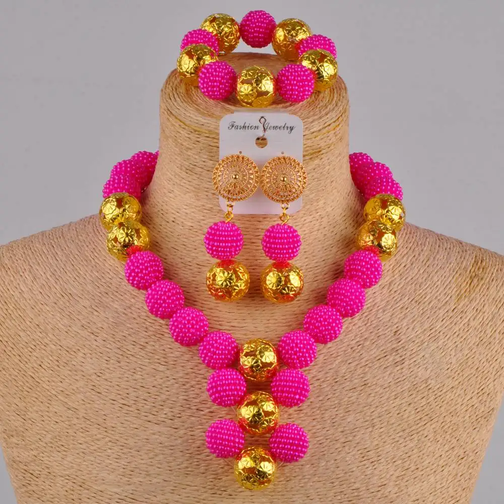 fuchsia pink costume necklace african jewelry set simulated pearl nigerian wedding beads FZZ30