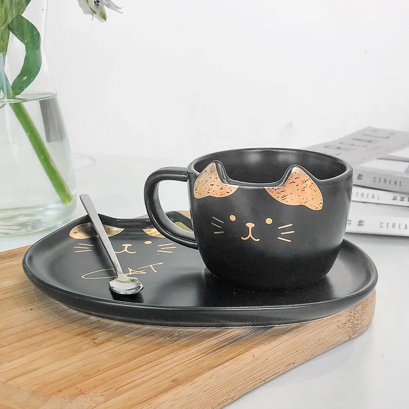 Cat Tracing Gold Ceramic Coffee Cup and Saucer Cute Small Fresh with Saucer with Spoon Water Cup Office Home To Entertain Guests