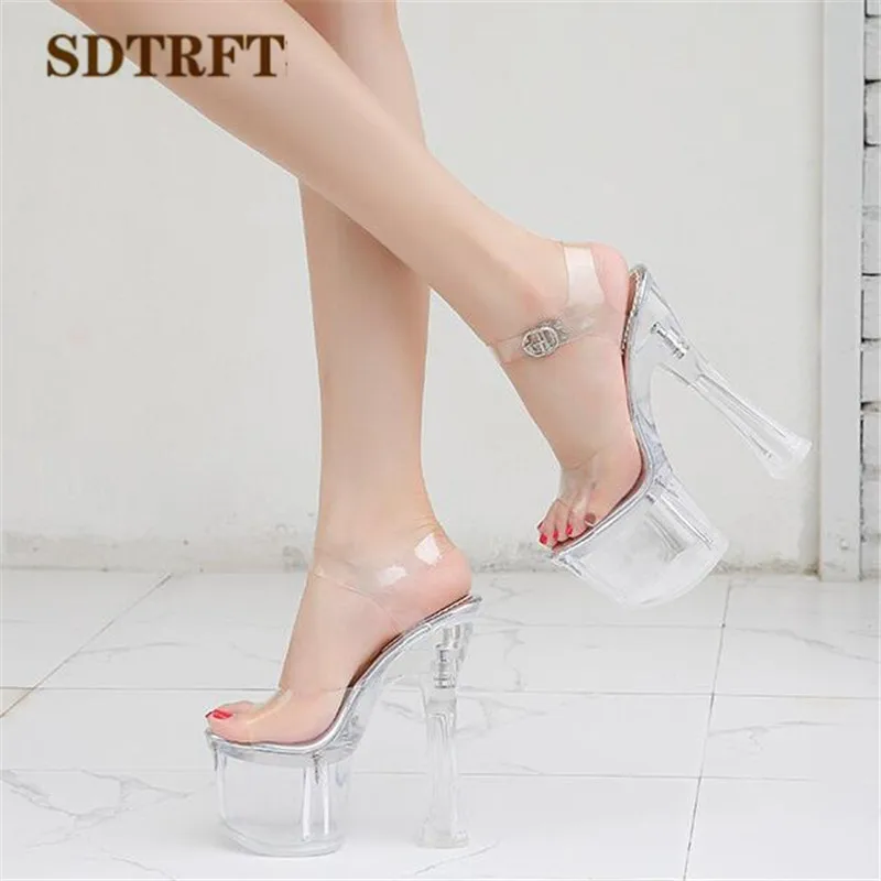 

SDTRFT Fashion stilettos Crossdresser Sandals 18cm thick heels transparent platforms shoes woman Ankle Strap pumps CD Sandalias